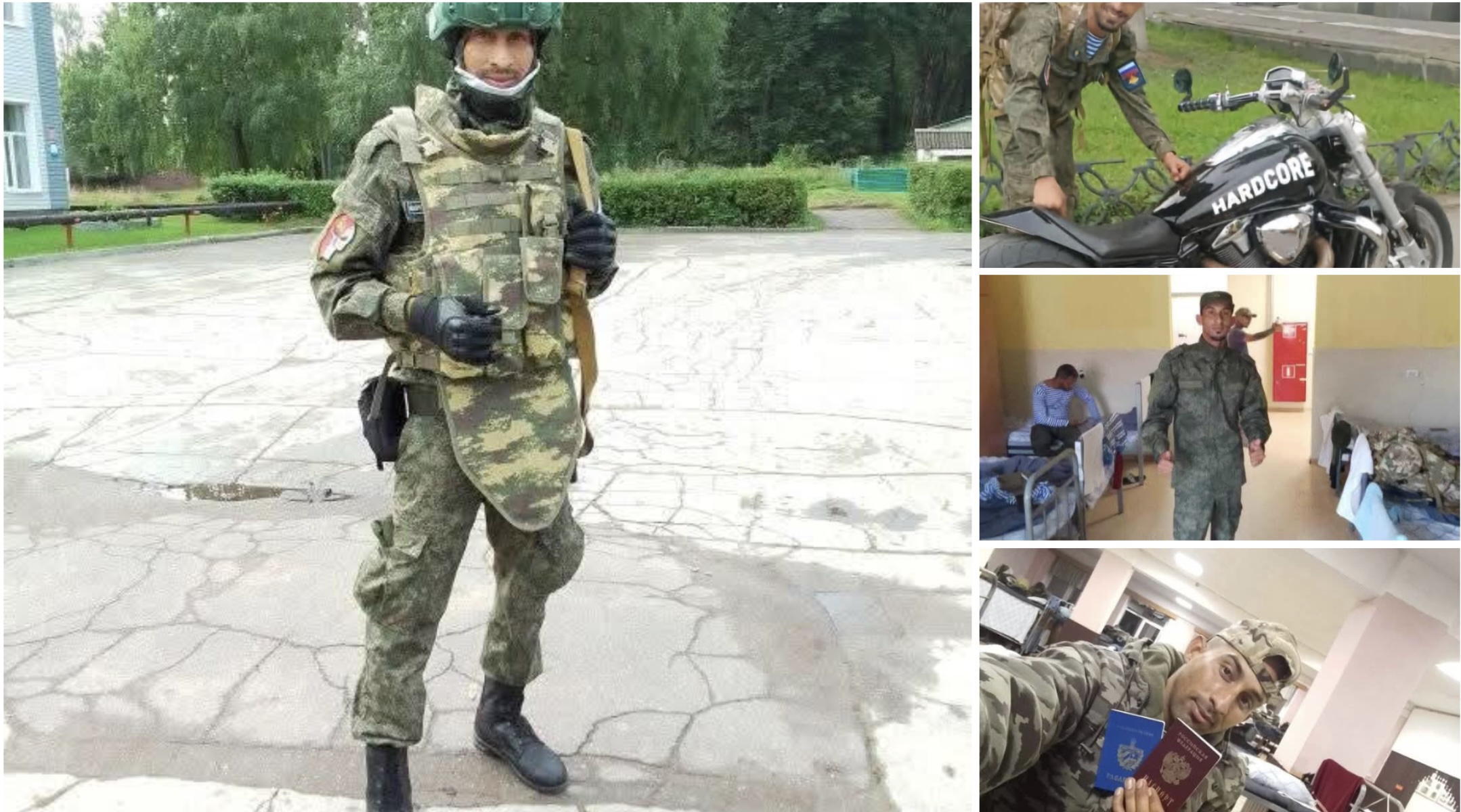 Soldados en actividades variadas, uno con moto